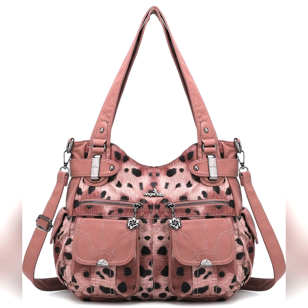 NWT!! Women's Pink and Black Designer Leopard Leather Crossbody Shoulder Handbag